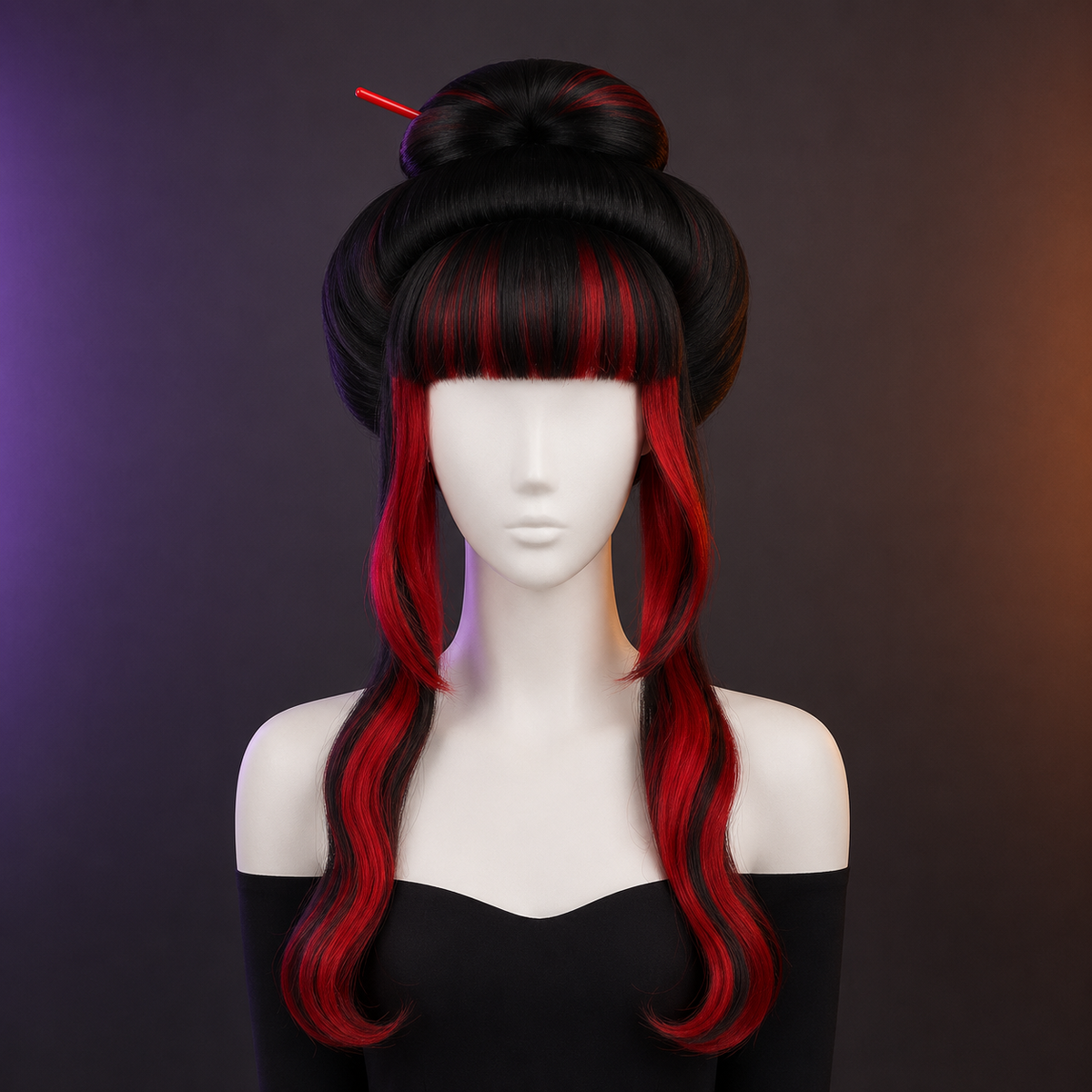 Perruque Geisha Noire Mèches Rouges avec Bâtonnets – Accessoire Costume