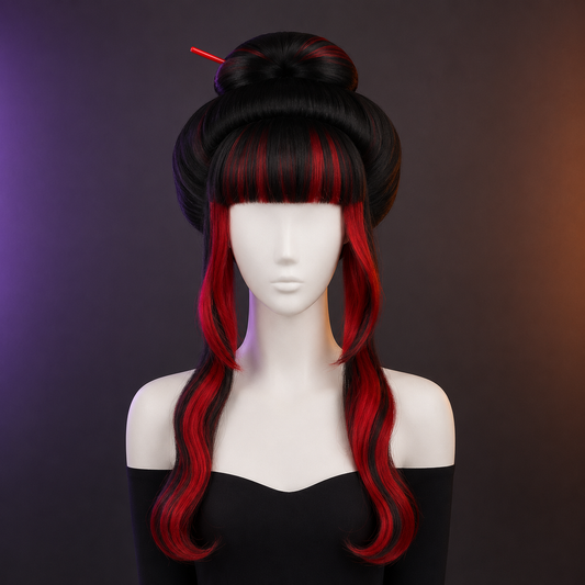 Perruque Geisha Noire Mèches Rouges avec Bâtonnets – Accessoire Costume