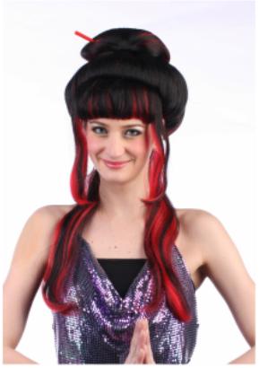 Perruque Geisha Noire Mèches Rouges avec Bâtonnets – Accessoire Costume